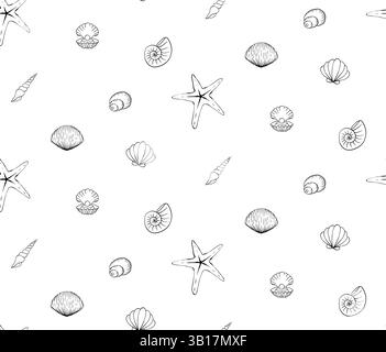 Muscheln und Seesterne nahtlose Muster. Vektor-Grafik-Linientinte für den Stoffdruck. Banner, Poster, Geschenkpapier, Aufkleber, Druck, moderne Küche Stock Vektor