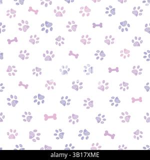 Flieder- und rosafarbene Kritzelmuster mit Pfotenmuster und nahtlosem Knochenmuster Stock Vektor