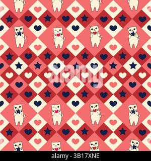 Karomuster mit Karomuster und süßen Katzen. Nahtloses Stoffmuster 2 Stock Vektor