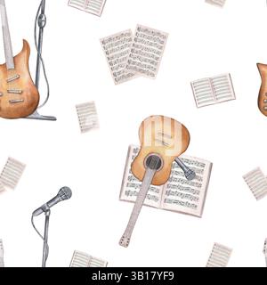 Aquarellmusikalische Streichinstrumente mit Notenblättern und Mikrofon auf Ständer nahtloses Muster isolierter Hintergrund. Zubehör für Gitarrenkonzerte Stockfoto