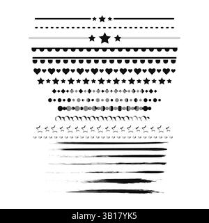 Satz von Han gezeichneten dekorativen Rand- oder Grunge-Pinselvektorlinien, Linienteiler für Grafikdesign-Projekte. Vektorabbildung. Stock Vektor
