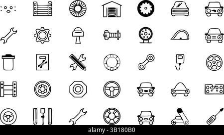 Icons Set für Autoreparaturwerkzeuge und Werkstattausrüstung – Kfz-Service-Vektor-Paket Stock Vektor