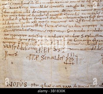 Firma de Wifredo el Velloso (Guifré el Pilós), siglo IX. Arxiu de la Corona d'Aragó (ACA). Stockfoto
