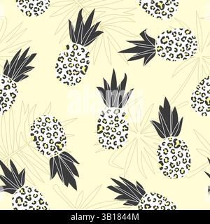 Nahtloses abstraktes Ananasmuster mit Leopardenmuster. Texile, Stoffdruck. Vektor-Ananas-Illustration Stock Vektor