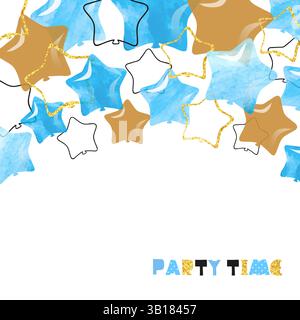Wasserfarben-blaue und goldene sternförmige Ballons. Hintergrund der Vektorfeier. Happy Birthday Card Stock Vektor