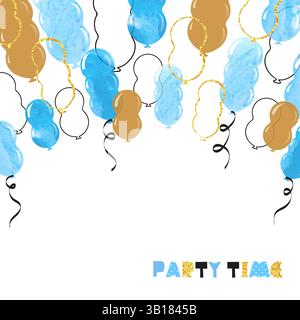Blaue und goldene Ballons in Wasserfarben. Hintergrund der Vektorfeier. Happy Birthday Card Stock Vektor