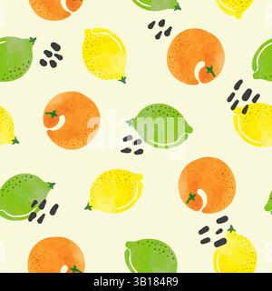 Nahtloses Muster von Zitrusfrüchten. Aquarellfarben Zitronen-, Limetten- und Orangenfrüchte-Vektordruck Stock Vektor