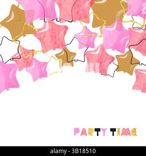 Ballons in Aquarellfarben in Rosa und goldenen Sternform. Vektor-Illustration für Partyzeit. Happy Birthday Card Stock Vektor