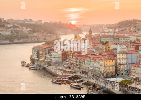 Panoramablick bei Sonnenuntergang über Porto, Portugal, mit farbenfrohen Gebäuden am Fluss Douro. Stockfoto