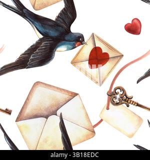 Schwalbenvogel, Liebesbrief, romantisches nahtloses Muster. Zum Valentinstag handgezeichnetes Aquarell mit Retro-Briefpapier. Perfekt für romantische Stoffe, Vintage Stockfoto