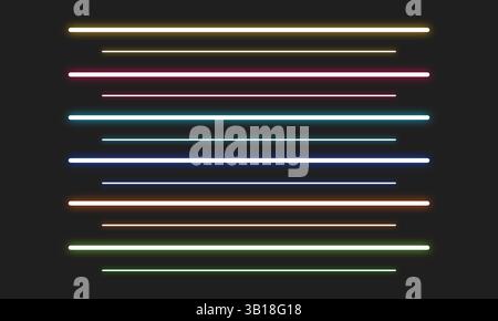 Satz von 12 Neonlinien, Neon-Lichtröhren, Neon-Lichtstreifen-Design, Vektor-Illustration. Stock Vektor