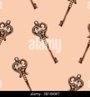 Vintage beige nahtlose Muster mit goldenen Schlüsseln. Elegante handgezeichnete Aquarellillustration, geheimes Türschild. Perfekt für romantische Stoffe, Retro Stockfoto