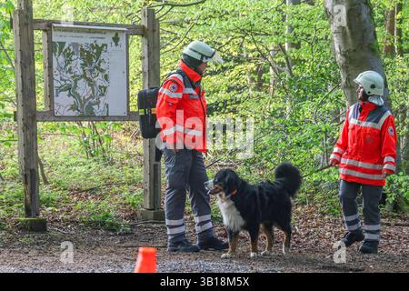 Große Suchaktion mit zahlreichen Rettungshunden aus ganz NRW Großeinsatz am Freitagabend gegen 18 Uhr in einem Waldgebiet zwischen Wuppertal-Cronenberg und Remscheid-hasten ein Zeuge hatte zuvor einen älteren, offensichtlich verwirrten, Herr gemeldet, welcher auf Ansprache nicht reagiert hatte. Weil die Polizei mit Streifenwagen und auch mit einem Polizeihubschrauber den Mann nicht finden konnte alarmierten die Beamten am Freitagabend die Hilfsorganisationen Deutsches Rotes Kreuz und Johanniter Unfallhilfe, welche mit einem Großaufgebot von Rettungshunden aus dem ganzen Land anrückten. Matrize Su Stockfoto