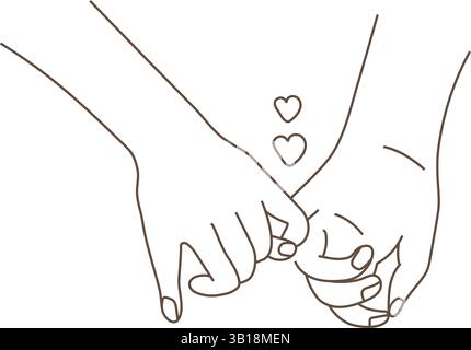 Minimalistische Linie Art Vektor Illustration von zwei Händen, die eine kleine Versprechen Geste mit kleinen Herzsymbolen machen, die Liebe, Vertrauen und emotionale Stock Vektor