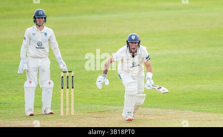 Wayne Madsen spielte für Derbyshire, beobachtet von Keeper Jack Davies in einem County Championship-Spiel zwischen Derbyshire und Middlesex Stockfoto