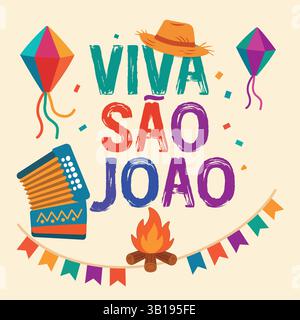 Buntes Festa Junina Poster mit Akkordeon und Kites - Viva São João Typografie Stock Vektor