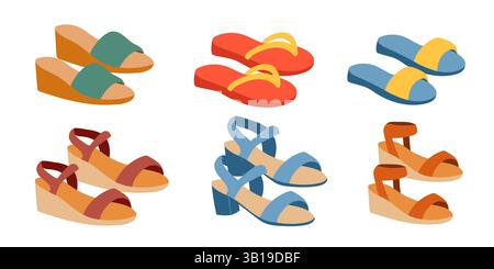 Trendiges Sommerschuhset. Offene Sommerschuhe. Stock Vektor
