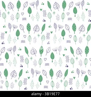 Nahtloses Muster mit handgezeichneten Kritzelblättern. Grün und blau. Stock Vektor