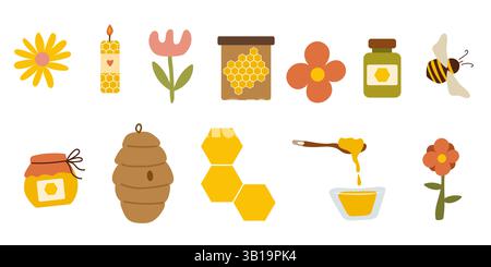 Bienenzuchtset mit Honig, Blume, Löffel, Biene und Kerze Stock Vektor