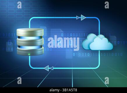 Lokale Datenbanksynchronisierung mit Remote-Cloud-Server. Digitale Illustration, 3D-Rendering. Stockfoto
