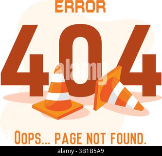 Großer orangefarbener Text von 404 mit verstreuten Straßenkegeln als Fehlerwarnung. Vektorabbildung Stock Vektor