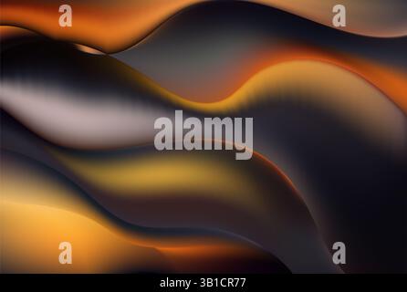 Glatte, wellenförmige Linien verflechten sich und erzeugen einen voluminösen und dynamischen visuellen Effekt. Warme Orange- und Gelbtöne stehen im Kontrast zu tiefen Grautönen Stockfoto