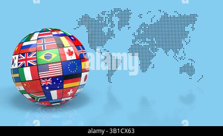 Internationale Zusammenarbeit und globales Geschäftskonzept. Nahaufnahme eines Globus mit internationalen Flaggen und der Weltkarte auf 3D-Hintergrund. Stockfoto