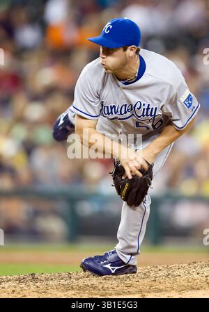 23. August 2010: Der Kansas City Royals Relief Pitcher Greg Holland (#56) liefert im Comerica Park in Detroit (Michigan) den Spielplatz zwischen den Kansas City Royals und den Detroit Tigers. Die Tigers besiegten die Royals mit 12:3 (Bild: © John Mersits/Cal Sport Media/ZUMApress.com) Stockfoto