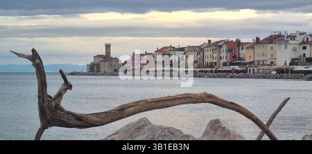 Künstlerische Landschaft von Piran vom Hafen aus, einschließlich eines schönen Holzstifts. Stockfoto