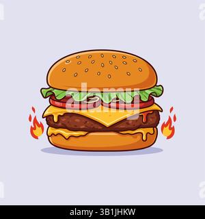 Hamburger Illustrationsvektor. Cartoon leckerer großer Hamburger mit Käse und Sesamsamen. Stock Vektor
