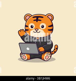 Illustration des niedlichen Tigers, der auf Laptop-Cartoon-Vektor arbeitet Stock Vektor