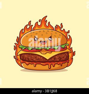 Netter Cheeseburger Cartoon mit Feuer Flammen Vektor Illustration. Stock Vektor