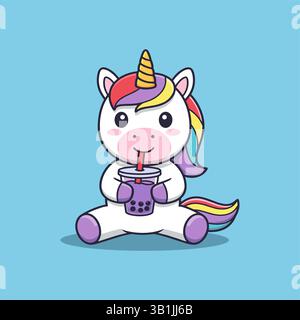 Niedliches Einhorn mit Regenbogenhaar, das Boba-Tee-Vektor-Illustration trinkt Stock Vektor