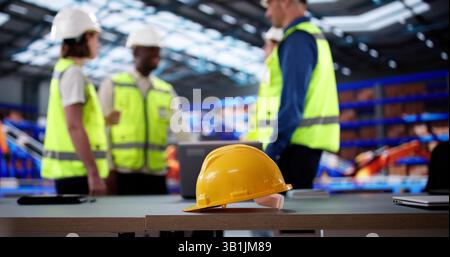 Team Aus Verschiedenen Ingenieuren, Die An Den Arbeitssicherheitsrichtlinien Arbeiten Stockfoto