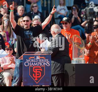 3. November 2010: Aubrey Huff, Spieler der San Francisco Giants bei der Feier des Sieges der San Francisco Giants World Series im San Francisco Rathaus, CA. â Damon Tarver/Cal Sport Media. (Kreditbild: © Damon Tarver/Cal Sport Media/ZUMApress.com) Stockfoto