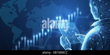 Händler, der globale Devisenbörsen- und Börsendiagramme analysiert. Online-Handel, Finanzwachstum, Geschäftsstrategie, Weltwirtschaft, digitale Assets, Stock Vektor