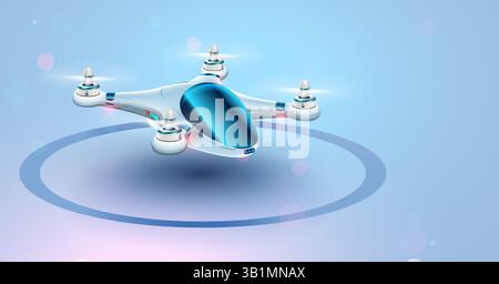 Zukünftiges Drohnenflugtaxi, autonomer Transport. Quadcopter der Zukunft mit Kabine auf hellem Hintergrund. Eine unbemannte Passagierdrohne landet auf einem Hubschrauberlandeplatz. Futu Stock Vektor