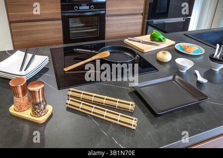 Japanische Speisen in moderner, leerer Küche mit Induktionsherd zubereiten Stockfoto