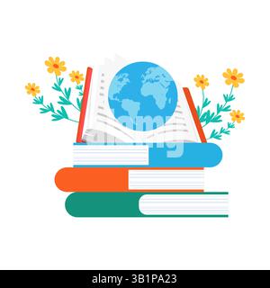 Bunte Bücher mit offenem Buch und blauem Globus für den Weltbuchtag Stock Vektor