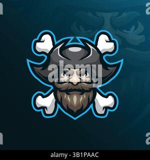 Piraten-Maskottchen-Logodesign mit modernem Illustrationskonzept für Abzeichen, Embleme und T-Shirts. Piraten-Illustration. Stock Vektor