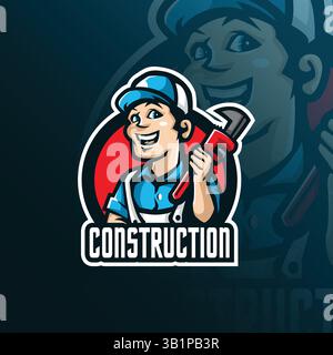 Design mit Maskottchen und modernem Illustrationskonzept für Abzeichen, Emblem und T-Shirt. Illustration der intelligenten Konstruktion. Stock Vektor