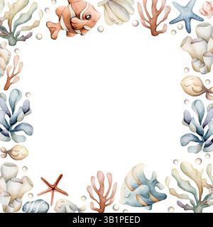 Sea Ocean Fishes Plants Frame. Niedliche Clownfische, Engelsfische, Algen, Korallen, Seesterne, Schale, Perle. Aquarell handgemalt Sommer isolierte Illustration Stockfoto