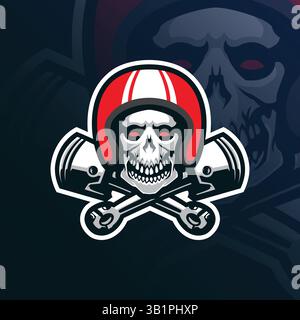 Skull Piston Mascot Logo Design Vektor mit modernem Illustrationskonzept Stil für Abzeichen, Emblem und T-Shirt Druck. Abbildung von Schädel und Kolben. Stock Vektor