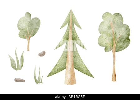 Aquarellillustration Baumkrone, Fichte, Grün, Laub. Set von Hand gezeichnet in Zeichentrickfilm Kinder Stil Busch, Gras auf isoliertem Hintergrund für Stockfoto