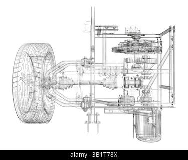 Eine Zeichnung eines Automotors mit vielen Details. Der Motor ist ein komplexes Maschinenteil mit vielen Teilen. Die Zeichnung ist schwarz-weiß und hat Stock Vektor