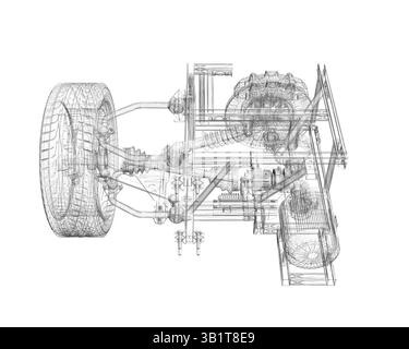 Eine Zeichnung eines Autos mit einem Reifen und einem Rad. Die Zeichnung ist in Schwarzweiß und sehr detailliert Stock Vektor