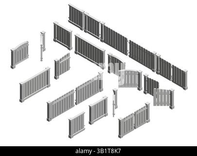 Es werden verschiedene Arten von Zäunen in verschiedenen Größen und Formen angezeigt. Die Zäune bestehen aus Holz und Metall und sind so angeordnet, dass sie so angeordnet sind Stock Vektor