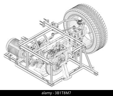 Eine Zeichnung eines Automotors mit einem Reifen. Die Zeichnung ist schwarz-weiß. Dem Motor fehlen einige Teile, und dem Reifen fehlt eine Radkappe. Isometrisch Stock Vektor