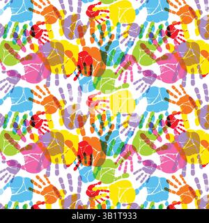 Nahtloses Muster aus farbenfrohen Kinderhandabdrücken, menschlichen Handflächen oder Handabdrücken, kreativ und verspielt. Stock Vektor
