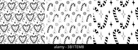 Gestreifte Bonbonbons Herz- und Weihnachtsdekorationen nahtlose Muster Winter Feiertage Fond Set. Isolierte Vektor-Illustration thematische Grußkarten laden Hintergrundbild oder Web-Promo-Banner, Faltblatt ein Stock Vektor